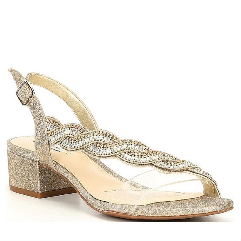 Alex Marie Clavia Asymmetrical Clear Jeweled Sling Back Sandals
